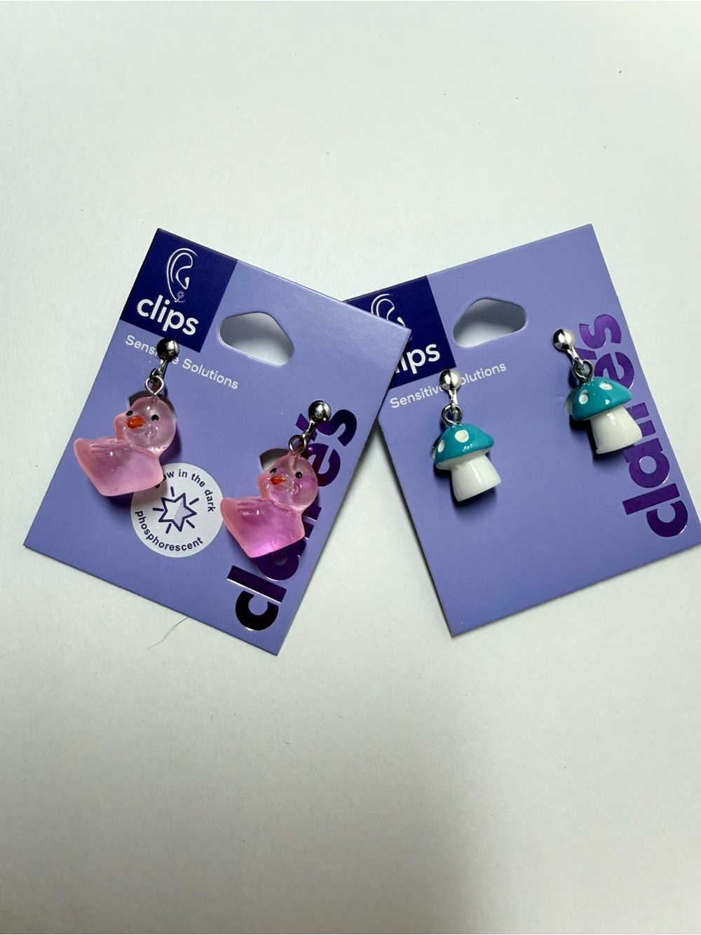 Kids Pink Duck & Teal Mushroom Cute Charm Clip On Earrings - 2 Pair